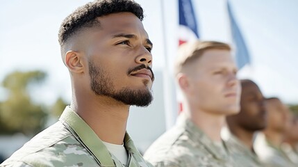 Elegant A military honor guard performing a 21 gun salute at a Memorial Day event with the American flag prominently displayed behind them 