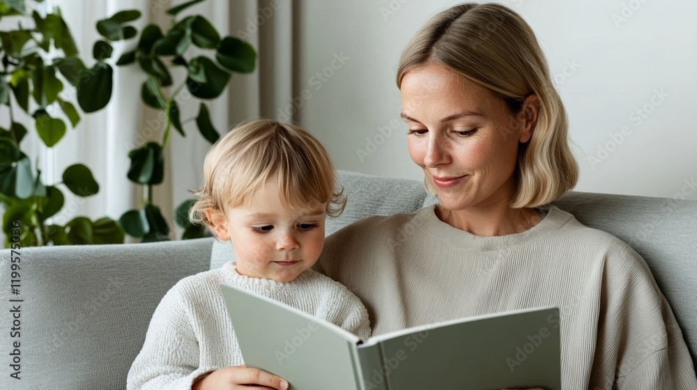 Poster elegant a mother and her child sitting on a cozy couch reading a colorful storybook together with so