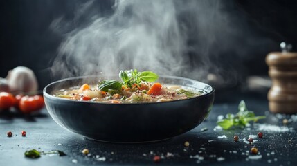 A hot delicious soup on a black bowl