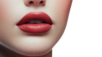 Close-up of elegant lips with red lipstick on a soft background, highlighting beauty and glamour.