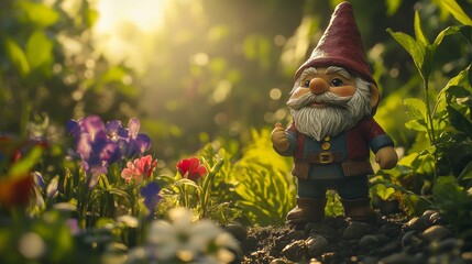 Obraz premium gnome in a garden at dawn