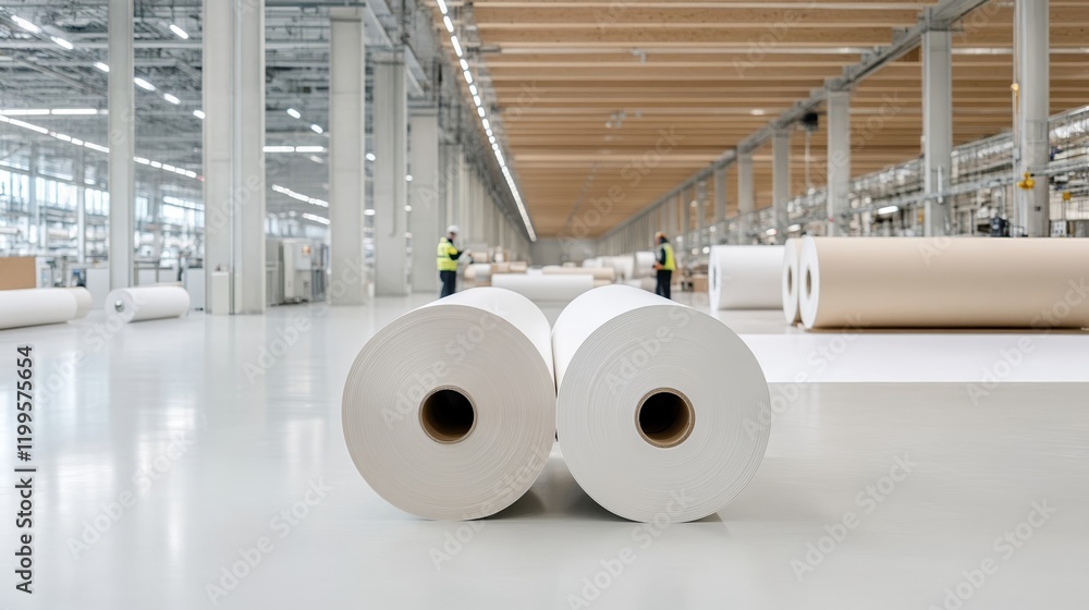 Aufkleber elegant a paper mill with large rolls of paper being processed on machines workers checking the smoo