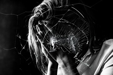Broken glass effect of sad woman