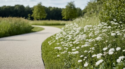 Obraz premium Elegant A peaceful walking trail lined with blooming flowers and tall green trees bathed in the soft glow of early summer sunlight 