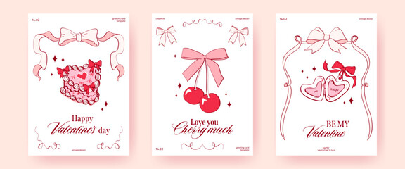 Set of Valentine's Day greeting cards, posters, banner in coquette style. Vintage ribbons, cake, cherries tied in a pink bow, heart locket, modern typography. Retro templates for romantic designs.