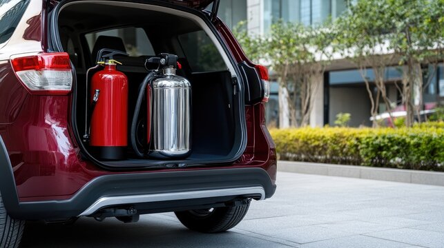 A red fire extinguisher rests on the open rear door of a black SUV parked amidst a beautiful natural setting along a quiet road
