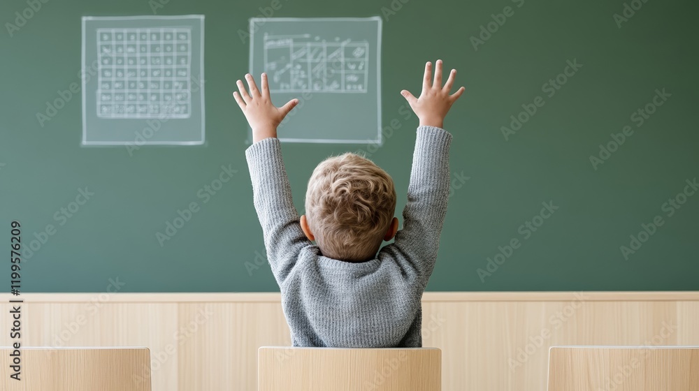 Poster elegant a smiling teacher pointing to a chalkboard filled with equations while students eagerly rais