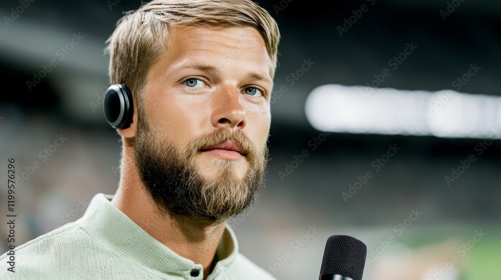 Aufkleber elegant a sports reporter holding a microphone on the sidelines of a soccer game with the field and 