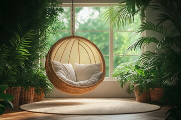Cozy hanging chair surrounded by lush greenery in bright indoor space