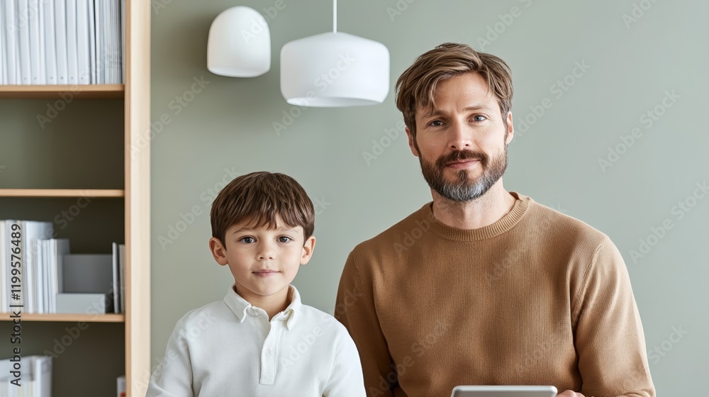 Poster elegant a teacher sitting beside a student at a desk explaining a concept on a tablet as the child n