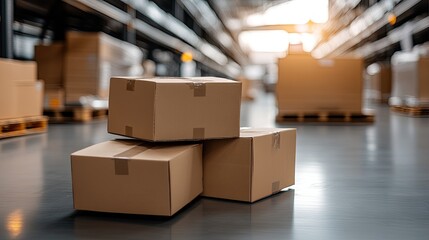 A charming warehouse filled with organized stacked boxes on pallets, showcasing blue shelves against a dark atmosphere