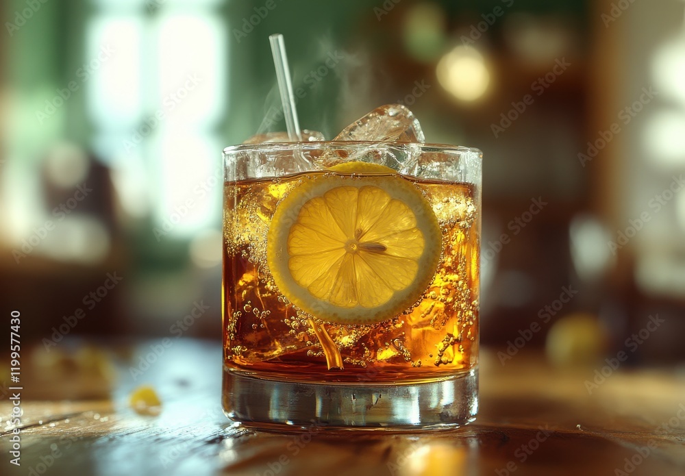 Poster Refreshing Lemonade Cocktail with Ice Cubes in a Glass on a Wooden Table Surrounded by a Cozy Atmosphere and Bokeh Background in a Warm Setting