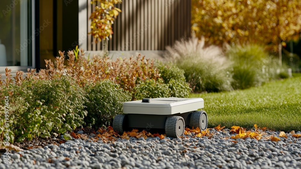Poster elegant an autonomous garden robot collecting fallen leaves with a built in vacuum surrounded by a l