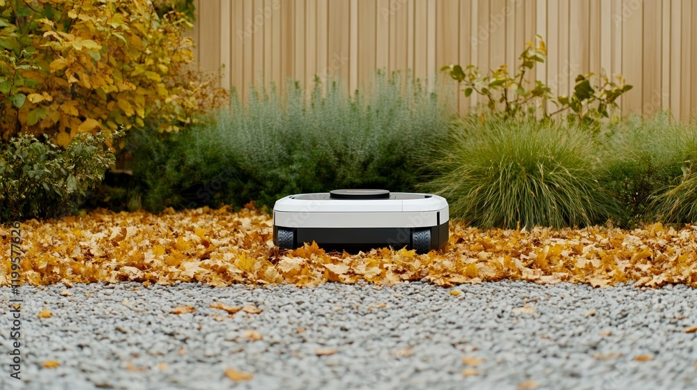 Poster elegant an autonomous garden robot collecting fallen leaves with a built in vacuum surrounded by a l