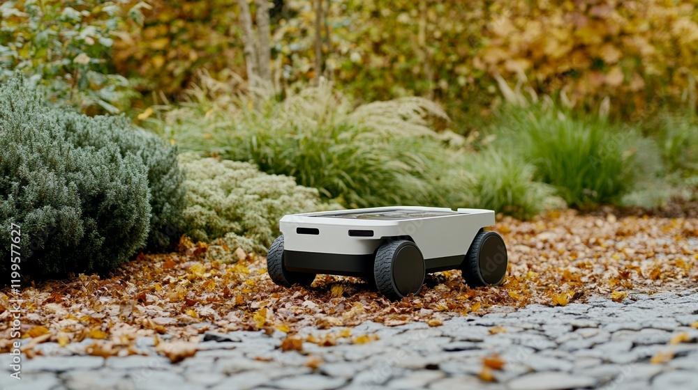 Poster elegant an autonomous garden robot collecting fallen leaves with a built in vacuum surrounded by a l