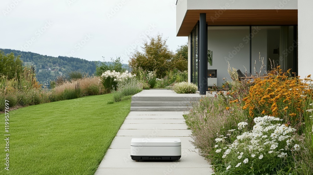 Poster elegant an intelligent garden robot mapping a backyard with laser sensors preparing to create symmet
