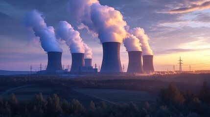 Nuclear Power Plant with Cooling Towers Amidst a Sunset Sky
