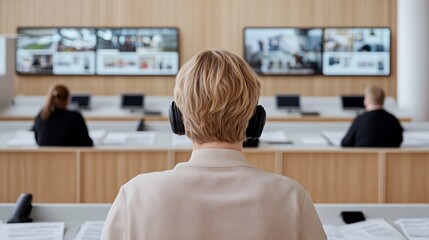 Elegant Journalists reviewing print layouts in a busy newsroom with large screens displaying breaking news and newspapers spread across the desk 