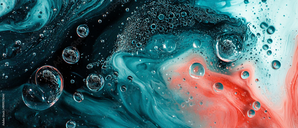 Poster abstract close-up of water bubbles floating in a colorful fluid with swirling red, turquoise, and bl