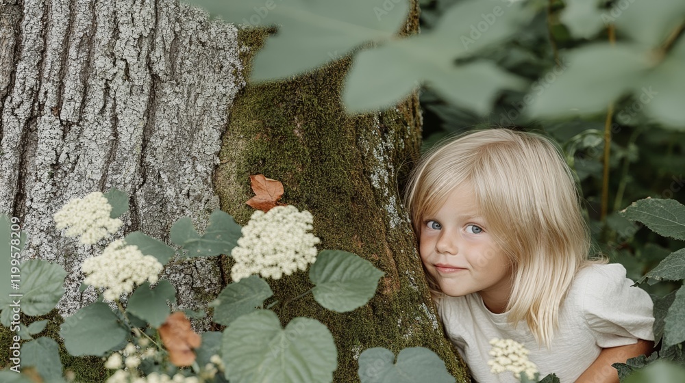 Poster elegant two siblings playing hide and seek in a lush forest one peeking out from behind a large tree