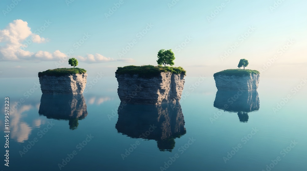 Poster surreal floating rock islands connected by lush vines in tranquil reflection