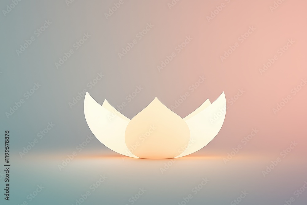Poster a glowing lotus-shaped light fixture against a soft gradient background, creating a serene and calmi