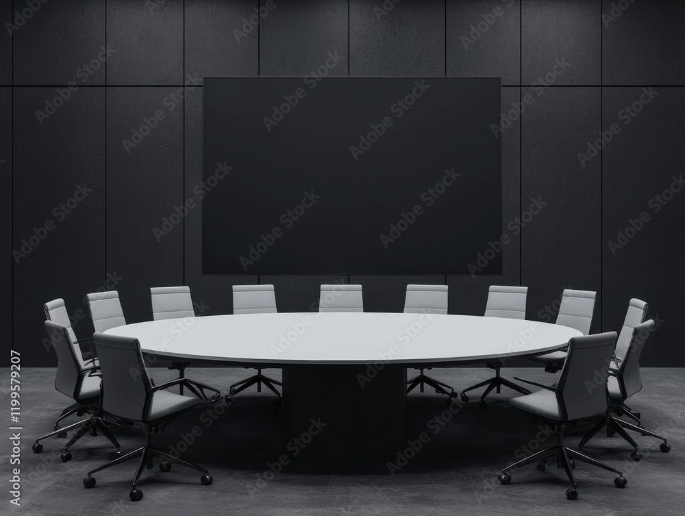 Poster modern conference room with large round table and blank screen