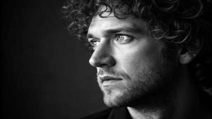 A portrait capturing a man with curly hair showcasing the depth of his facial structure as he is lit dramatically from his left side. The light highlights his eyes and the angles