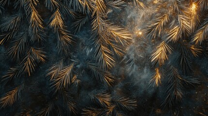 Winter background showing frost-covered pine needles glistening in sunlight
