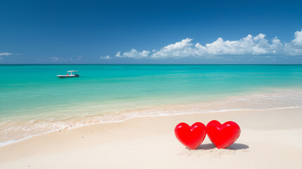 Fototapeta premium Two red hearts are on the beach, with a boat in the background