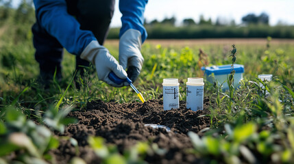 Fototapeta premium Field research of soil samples being collected for environmental analysis and studies.