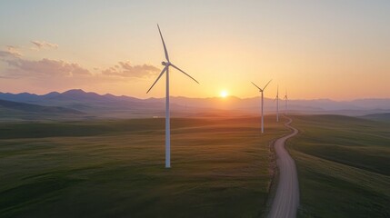 Warm Sunset Over Wind Farm in Countryside Landscape with Hills