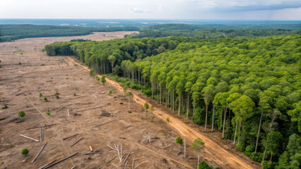 Naklejka premium Aerial view of deforested area next to thriving forest, highlighting contrast