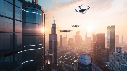 Drone Cityscape at Sunset
