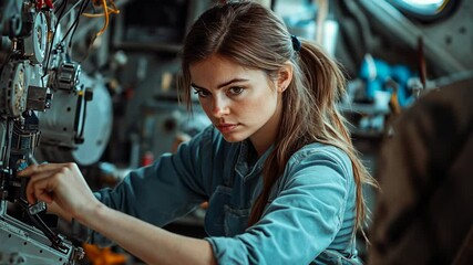 Focused Female Engineer Working on Complex Machinery, woman, mechanic, technician, industrial, factory - Powered by Adobe