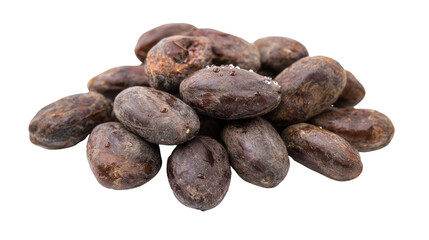 Obraz premium A pile of organic cocoa beans on a white isolated background, showcasing their rich brown color and unique texture.