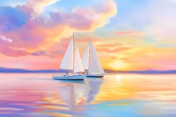 Fototapeta premium A watercolor painting of sailboats on the lake