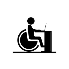 A person in a wheelchair working at a computer. Vector icon.