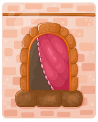 Castle window with red curtains on the background of a wall. Vector illustration in a cartoon style.