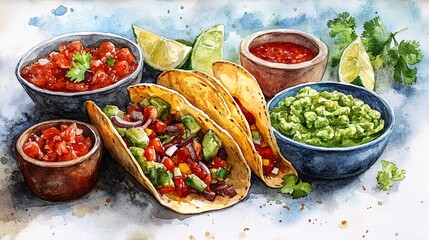 Artistic watercolor of traditional Mexican food with tacos, guacamole, salsa, and tortillas, beautifully arranged on a white backdrop.