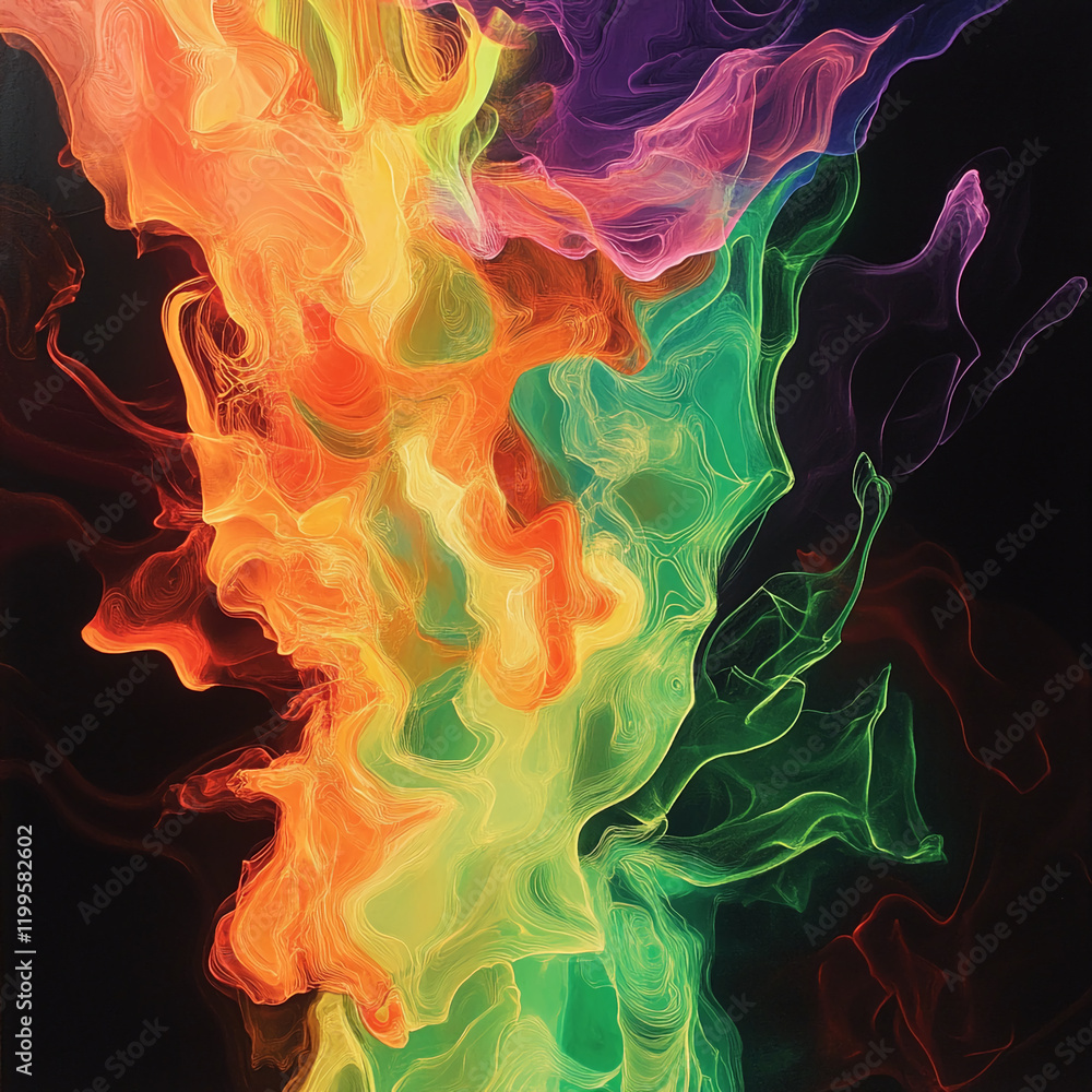 Poster a colorful abstract design with flowing neon-like fluid shapes in rainbow colors against a black bac
