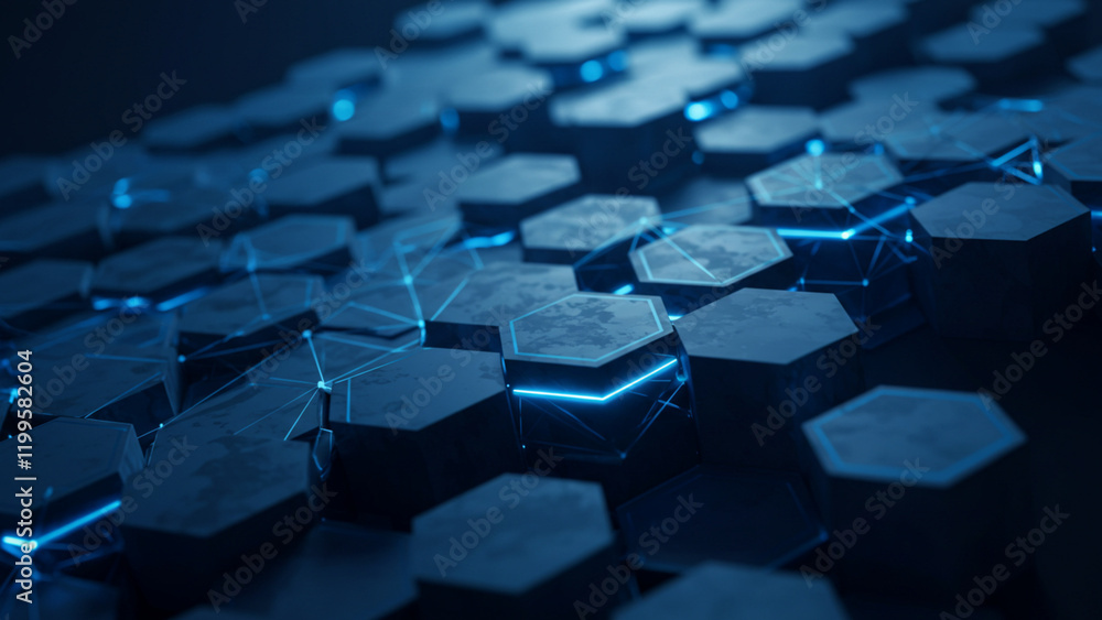 Poster a blue abstract hexagonal design serves as a backdrop, embodying advanced technology with a futurist