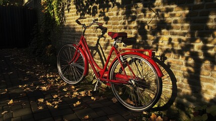 Fototapeta premium Red bicycle leaning against brick wall, autumn leaves on ground, sunlight and shadows.