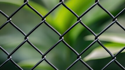 Fototapeta premium Black chain-link fence positioned in front of a blurred school, highlighting vibrant green grass in a sunny setting