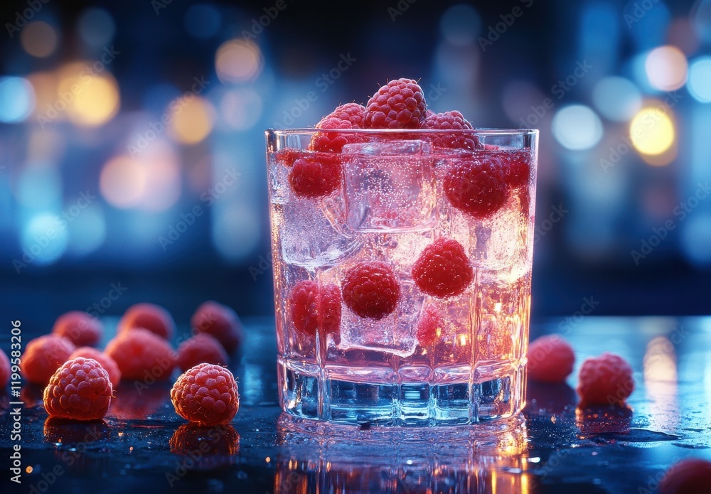 Poster refreshing raspberry cocktail with ice cubes in a clear glass surrounded by blurred colorful lights 