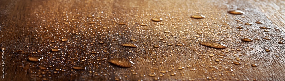 Poster a close-up view of droplets of water on a wooden surface, showcasing texture and natural patterns in