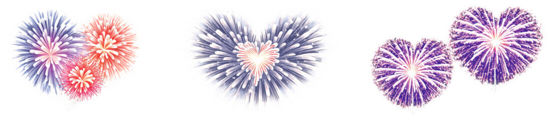 Obraz premium Set of purple and red heartshaped fireworks on a transparent background
