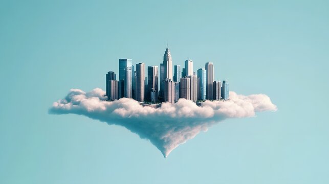 Futuristic Floating City Skyline Suspended Above Clouds in Dreamy Surreal Landscape