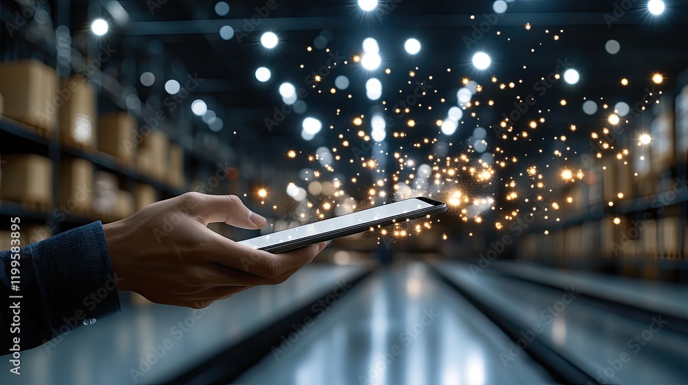 Poster close-up of hands viewing order tracking on a tablet while large cartons move along a conveyor in a 