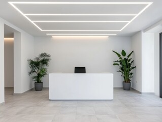 Fototapeta premium Modern minimalist office reception featuring white desk and led lighting